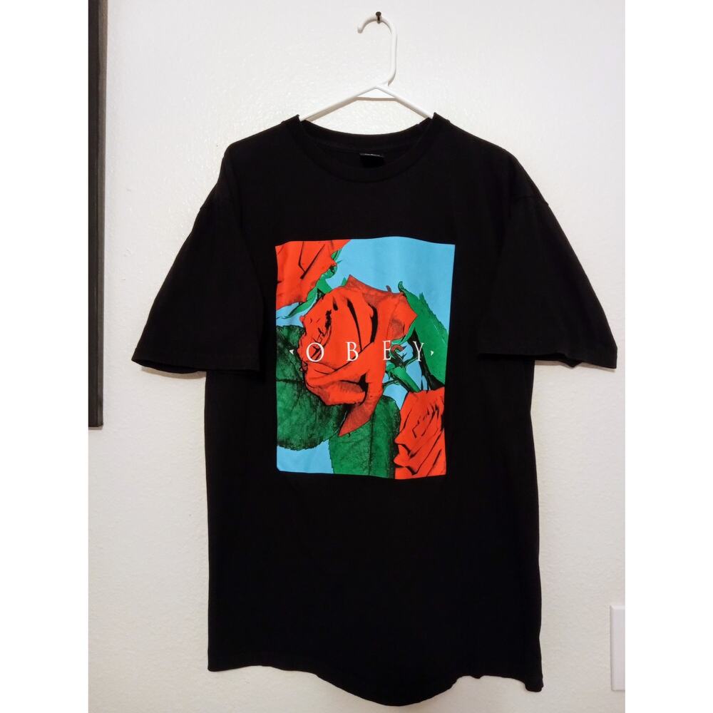 Vintage Y2k OBEY Black Rose Graphic T-Shirt Streetwear Skate Obey Giant Tee SZ L